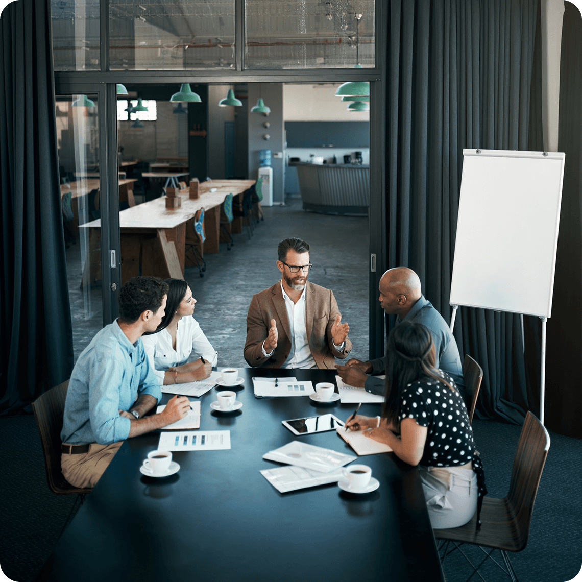 Business meeting in a modern conference room.